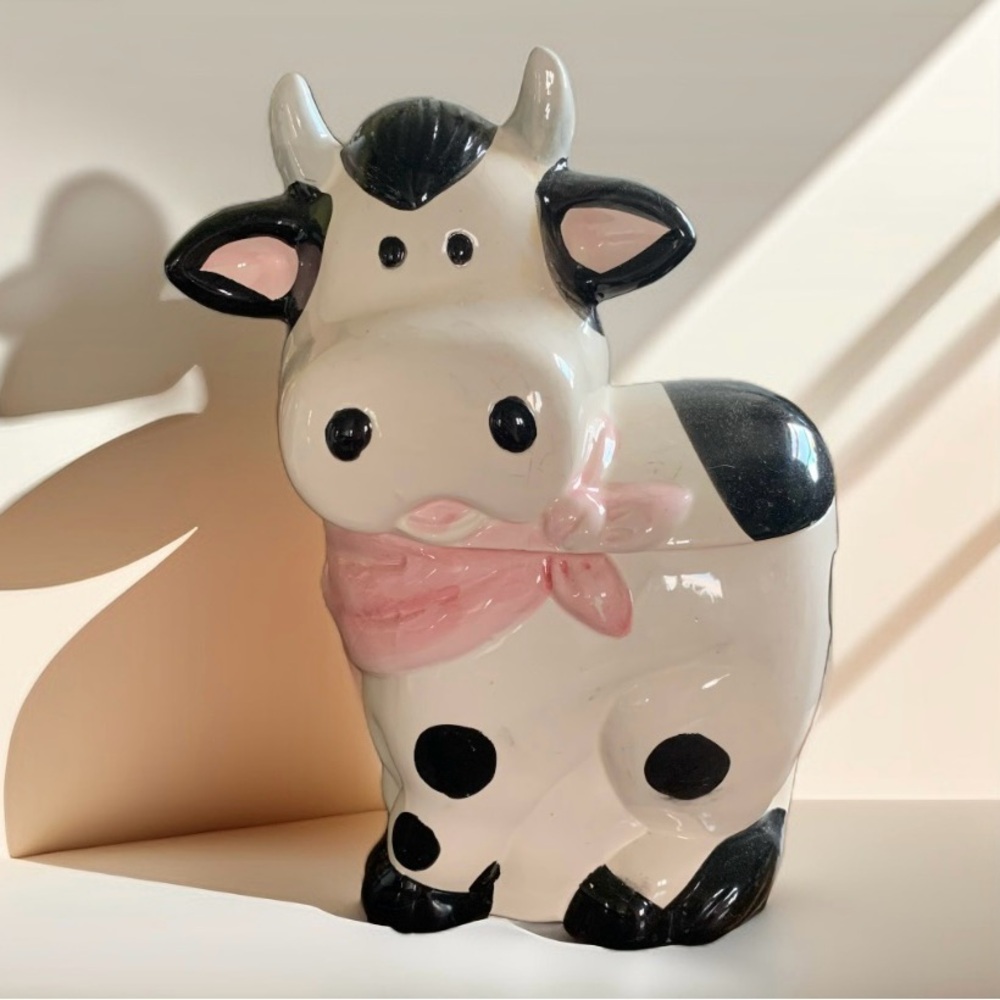 SOLD - Vintage Charming Cow Cookie Jar - Black and White with Pink Scarf